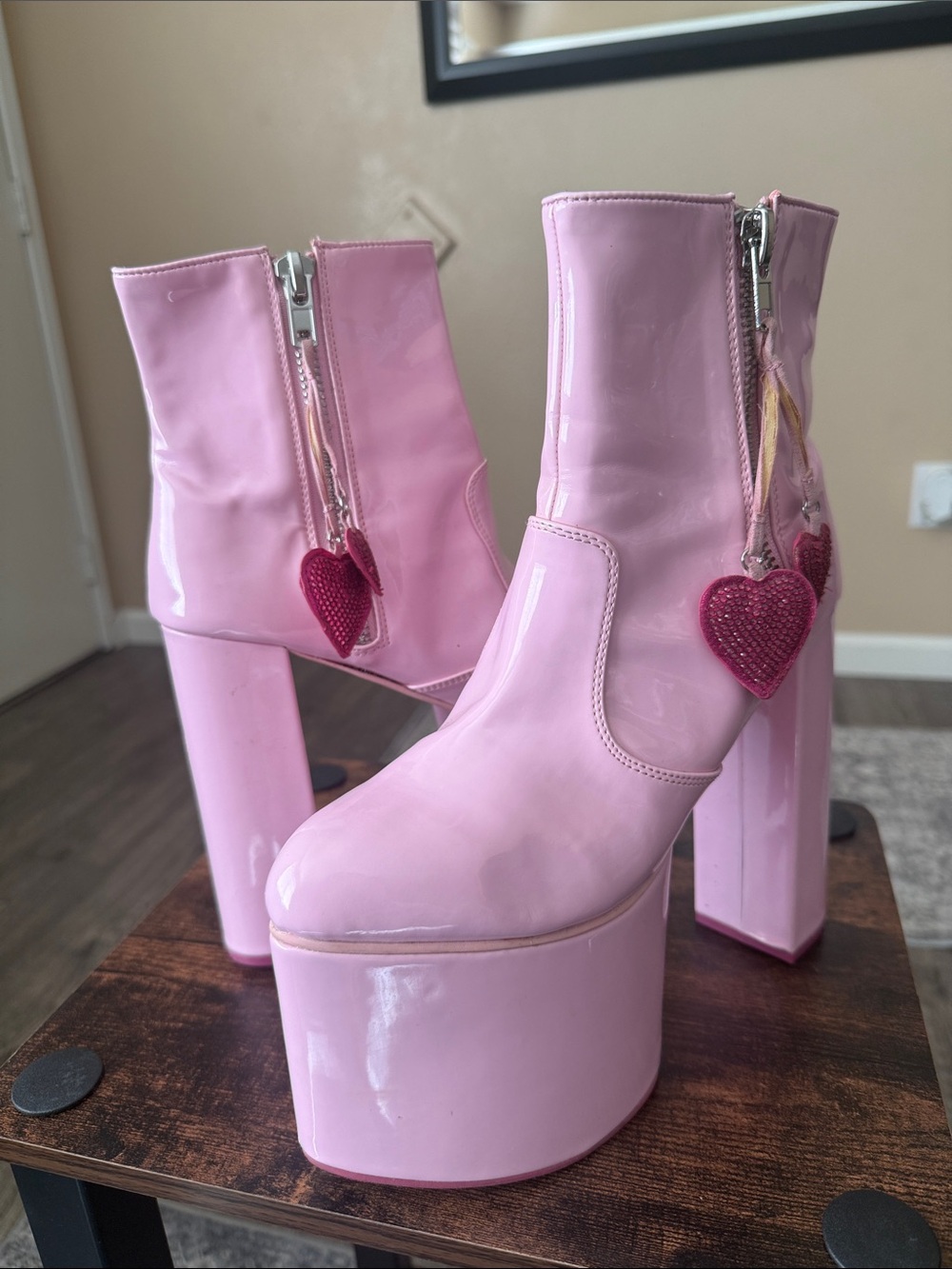 Sugar Thrillz Pink Patent Platform Ankle Boots with Heart Charm